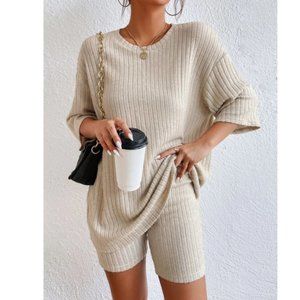 Women's Matching Knit Ribbed Set Drop Shoulder Tee & Biker Shorts